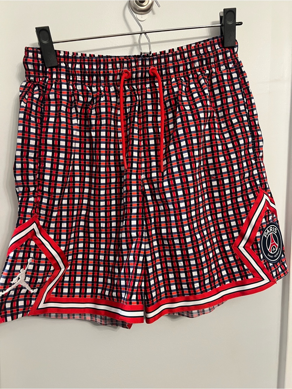 Jordan X Paris Saint-German Kids Plaid Red, Blue, White Logo Athletic Shorts; xs